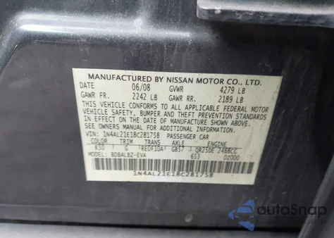 2008 Nissan Altima 2.5 S z USA, uszkodzony, nr VIN 1N4AL21E18C281758